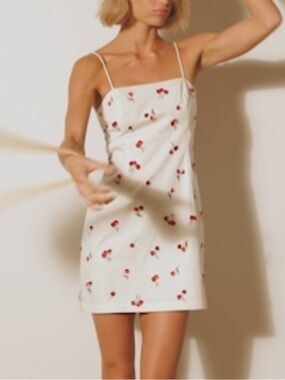 Maeve Anthropologie Brynne White Mini Dress with 3D Red Cherry aplique